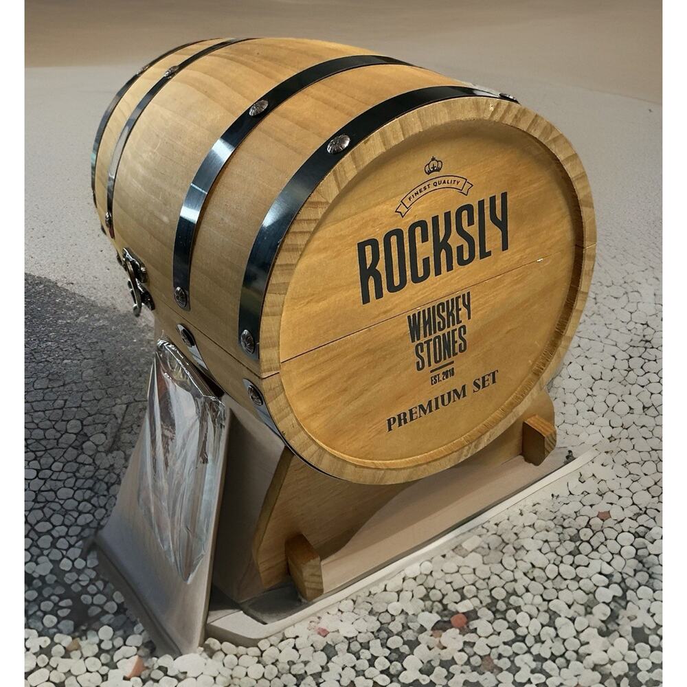 ROCKSLY Whiskey Barrel Premium Gift Set W/ Stand 2 Glasses 8 Stones Tongs NEW